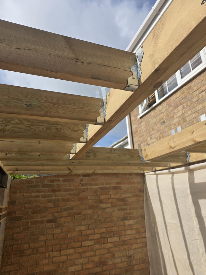 New softwood flat-roof joists sitting in galvanised hangers on a timber wall plate over new brickwork