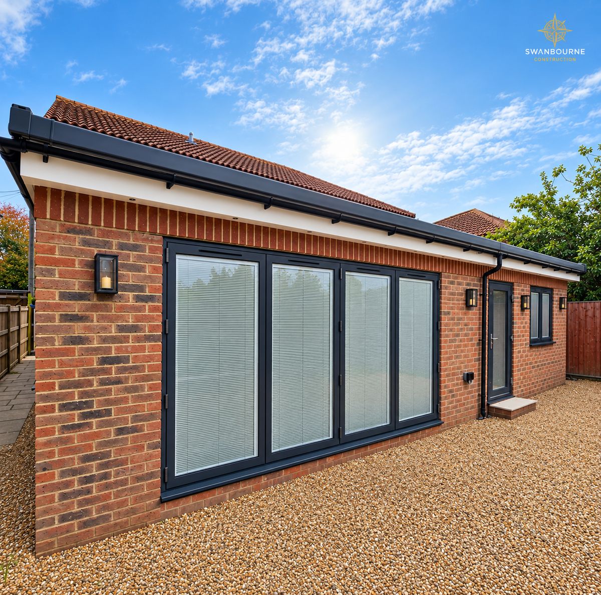 Three-quarter view of the finished rear extension in Bognor Regis: the full run of anthracite bifold doors, the single door and the brick elevation