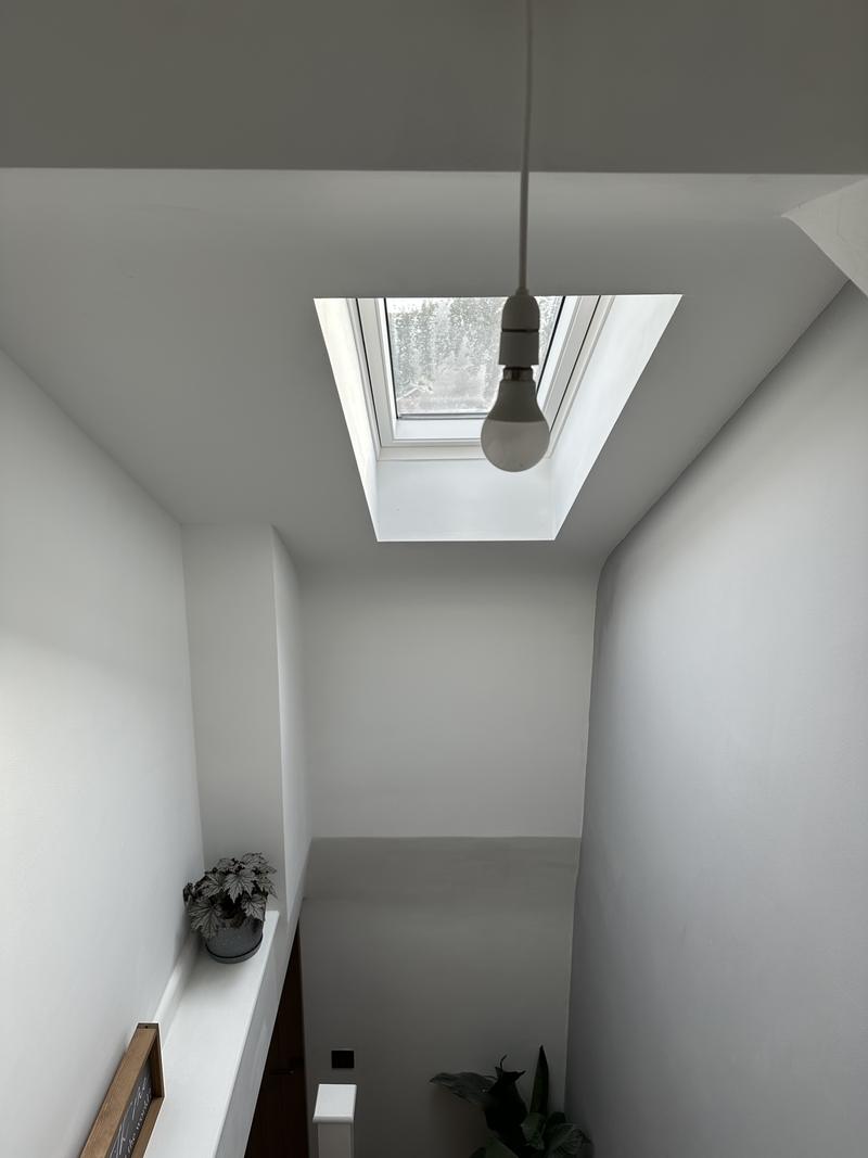 Stairwell rising to a landing lit by a rooflight in a white sloping ceiling