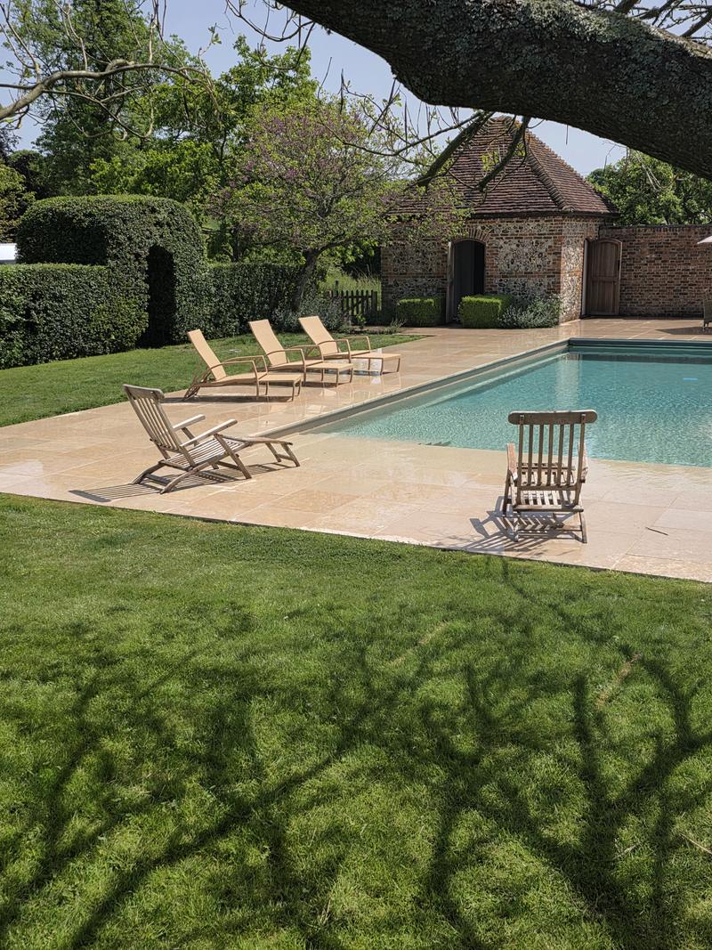 Swimming pool and terrace framed by an old tree, loungers set out along the paving